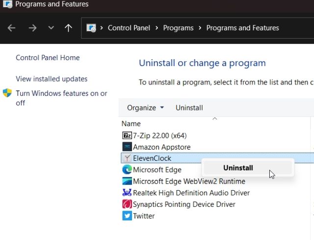 ElevenClockని అన్ఇన్స్టాల్ చేయండి
